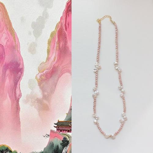 Natural Freshwater Pearl Necklace with 6cm extender chain fashion jewelry pink Length 38 cm Sold By PC