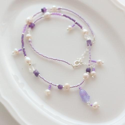 Natural Gemstone Necklace with Freshwater Pearl fashion jewelry purple Length 38 cm Sold By PC