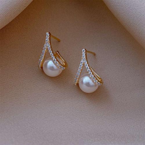 Lo zinco in lega Stud Earring, lega in zinco, with perla in plastica, placcato, gioielli di moda & per la donna & con strass, dorato, 80x70x5mm, Venduto da coppia