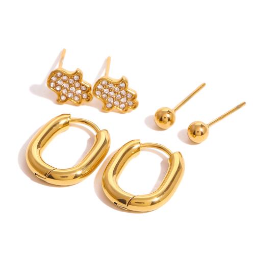 Stainless Steel Stud Earrings 304 Stainless Steel plated three pieces & for woman & with rhinestone golden Sold By Set