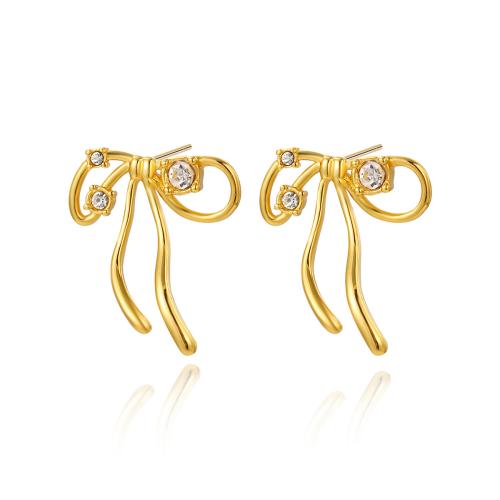 Stainless Steel Stud Earrings 304 Stainless Steel Bowknot plated micro pave cubic zirconia & for woman gold Sold By Pair