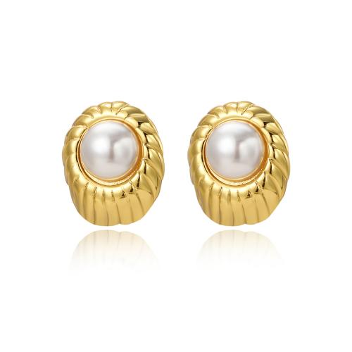 Roestvrij staal Stud Earrings, 304 roestvrij staal, met Plastic Pearl, plated, voor vrouw, goud, Verkocht door pair