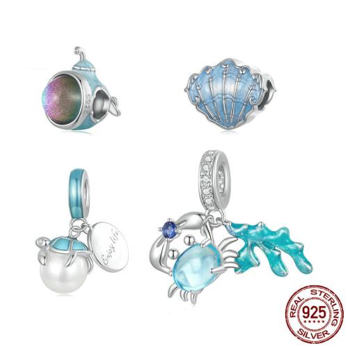 Perles en argent sterling 925, avec verre, DIY & styles différents pour le choix & pavé de micro zircon & émail, couleur platine, Vendu par paire