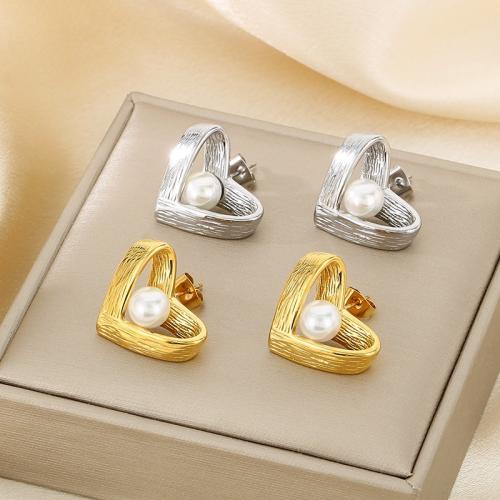 Stainless Steel Stud Earrings 304 Stainless Steel with Shell Heart Vacuum Ion Plating for woman Sold By Pair