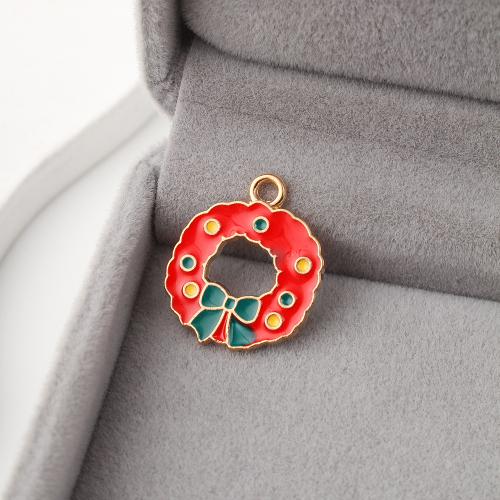 Zinc Alloy Enamel Pendants Christmas Wreath gold color plated DIY Sold By Bag