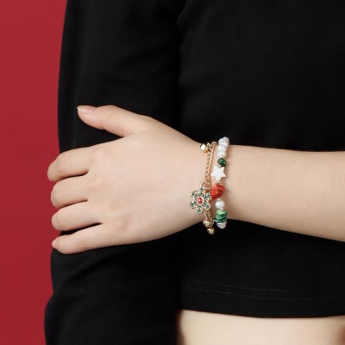 Zinc Alloy Bracelet with Gemstone & Plastic Pearl Snowflake gold color plated Double Layer & Christmas jewelry & for woman & enamel Length Approx 6-8 Inch Sold By PC