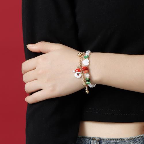 Zinc Alloy Bracelet with Gemstone & Plastic Pearl Santa Claus gold color plated Double Layer & Christmas jewelry & for woman & enamel Length Approx 6-8 Inch Sold By PC