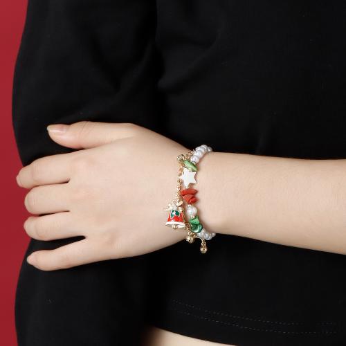 alliage de zinc bracelet, avec pierre gemme & perle de plastique, cloche de noël, Placage de couleur d'or, Double couche & Bijoux de Noël & pour femme & émail, Longueur Environ 6-8 pouce, Vendu par PC