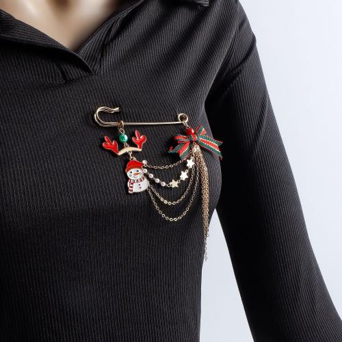 Zinc Alloy Brooch with Cloth & Plastic Pearl Snowman gold color plated Christmas jewelry & for woman & enamel Sold By PC