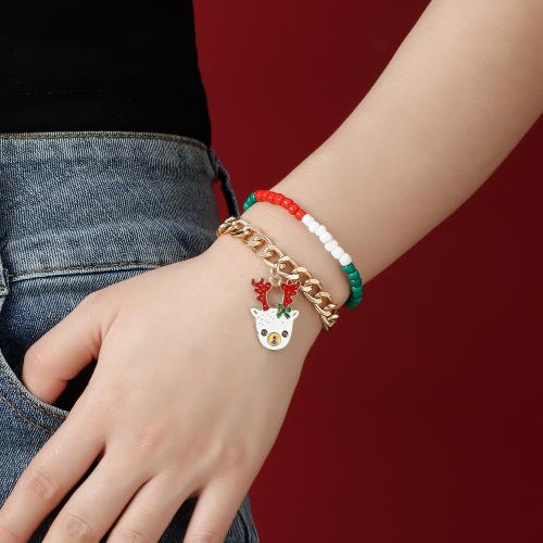 Zinc Alloy Bracelet with Seedbead gold color plated Double Layer & Christmas jewelry & for woman & enamel Length Approx 6-8 Inch Sold By PC