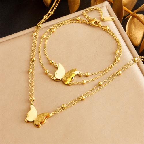 Fashion Stainless Steel Jewelry Sets 304 Stainless Steel Butterfly Double Layer & for woman golden Sold By PC