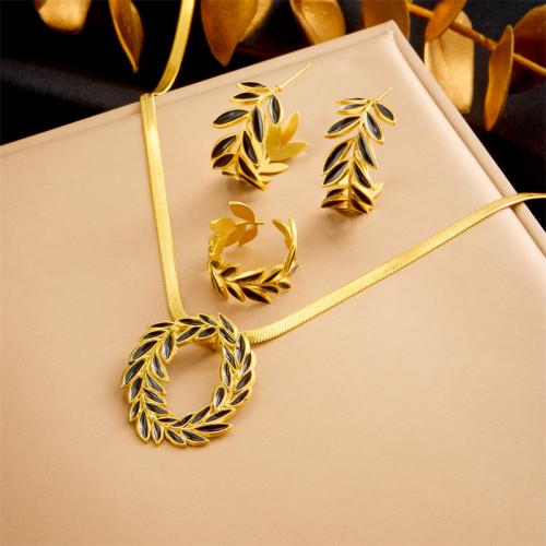 Enamel Stainless Steel Jewelry Set 304 Stainless Steel with 6.5cm extender chain Leaf & for woman golden Length Approx 40 cm Sold By PC