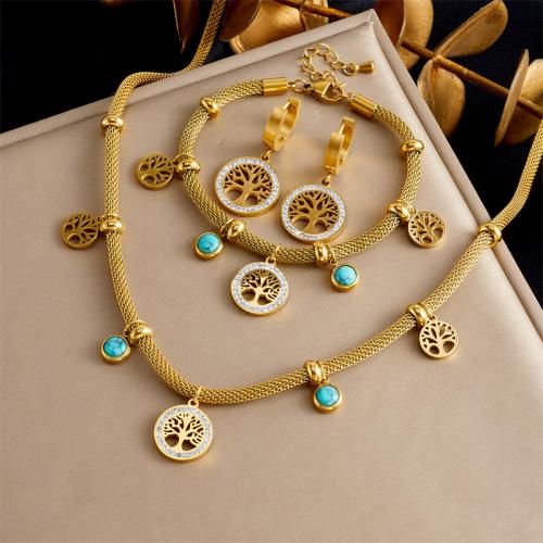 Fashion Stainless Steel Jewelry Sets 304 Stainless Steel with turquoise Leaf & for woman & with rhinestone golden Sold By PC