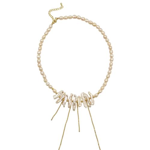 Freshwater Pearl Brass Chain Necklace, Pérolas de água doce, with cobre, with 2 Inch extender chain, cromado de cor dourada, joias de moda & para mulher, branco, comprimento Aprox 16 inchaltura, vendido por PC