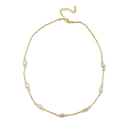 Freshwater Pearl Mässing Chain Necklace, med Freshwater Pearl, med 2 Inch extender kedja, guldfärg pläterade, mode smycken & för kvinna, nickel, bly och kadmium gratis, Längd Ca 16 inch, Säljs av PC