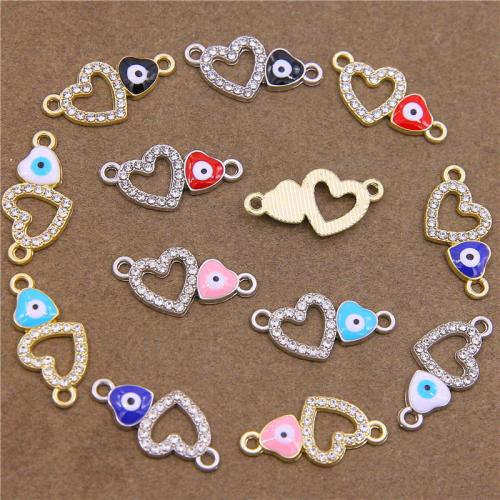 Evil Eye Connector Zinc Alloy Heart plated DIY & evil eye pattern & enamel & with rhinestone & 1/1 loop nickel lead & cadmium free Sold By Bag