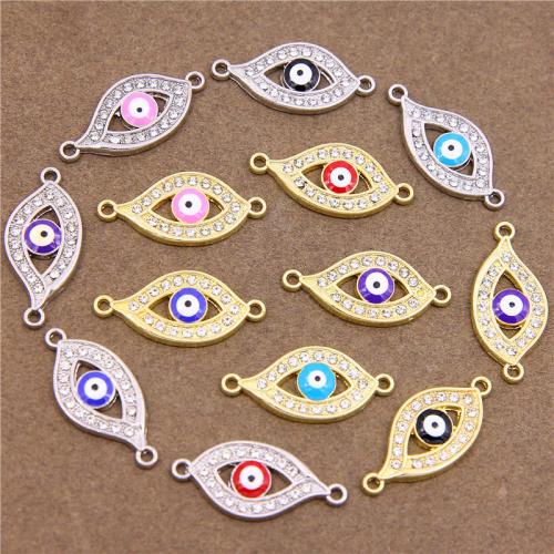 Connecteur Evil Eye, alliage de zinc, Placage, DIY & motif de mauvais œil & émail & avec strass & boucle de 1/1, plus de couleurs à choisir, 9x25x2.50mm, 100PC/sac, Vendu par sac