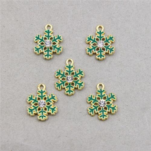 Zinc Alloy Enamel Pendants Snowflake gold color plated DIY & with rhinestone green Sold By Bag