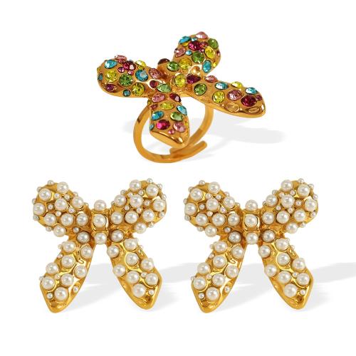 Rhinestone nerūdijančio plieno juvelyrikos rinkinys, 304 Nerūdijantis plienas, Bowknot, 18K paauksuotas, įvairios medžiagos pasirinkimas & įvairių stilių pasirinkimas & moters & su Kalnų krištolas, Pardavė PC