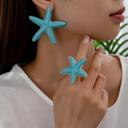 Zinc Alloy Jewelry Sets Stud Earring & finger ring Starfish plated & for woman & enamel blue Sold By Set