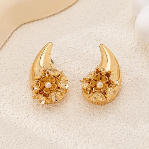 Lo zinco in lega Stud Earring, lega in zinco, with perla in plastica, Petali, placcato, per la donna, oro, Venduto da coppia