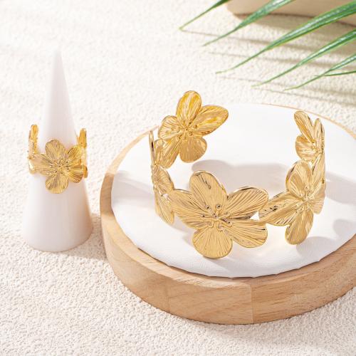 Zinc Alloy Jewelry Sets cuff bangle & finger ring petals plated for woman gold Sold By Set