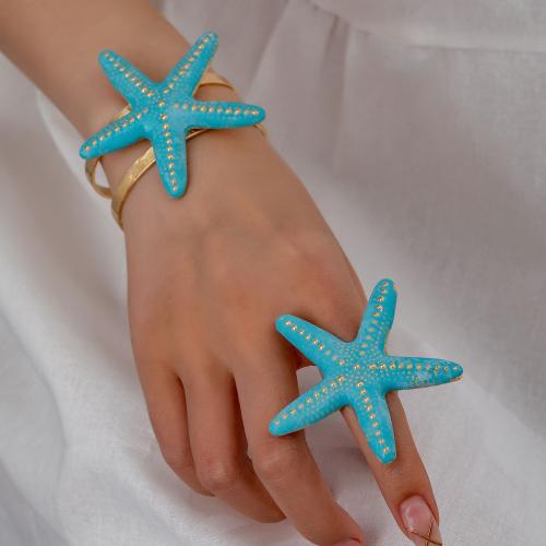 Zinc Alloy Jewelry Sets cuff bangle & finger ring Starfish plated for woman & enamel blue Sold By Set