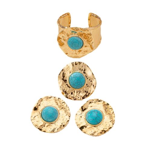 Zinc Alloy Jewelry Sets Stud Earring & cuff bangle & finger ring with turquoise plated for woman gold Sold By Set