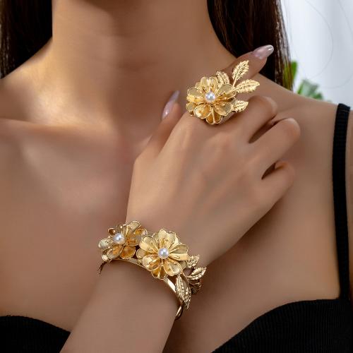 Zinc Alloy Jewelry Sets cuff bangle & finger ring with Plastic Pearl petals plated for woman gold Sold By Set