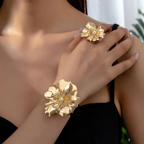 Zinc Alloy Jewelry Sets cuff bangle & finger ring with Plastic Pearl petals plated for woman gold Sold By Set