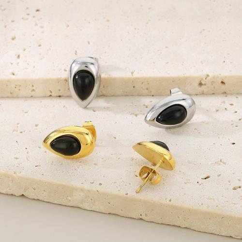 Stainless Steel Stud Earrings 304 Stainless Steel with Cats Eye Vacuum Ion Plating for woman Sold By Pair