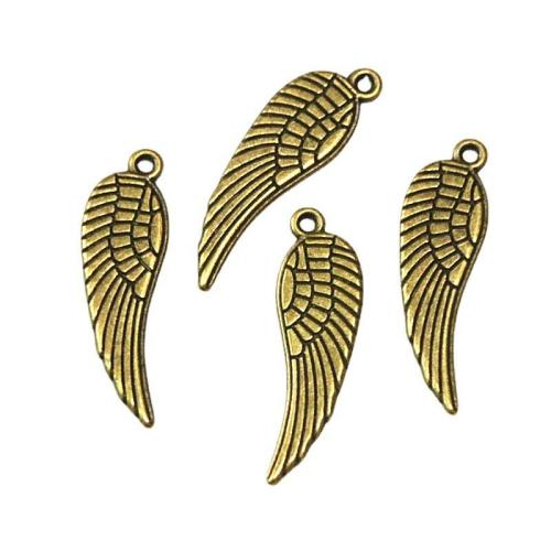 Wing alakú cink ötvözet Medálok, Wing Forma, antik sárgaréz színű krómozott, DIY, 9x30mm, 100PC-k/Bag, Által értékesített Bag