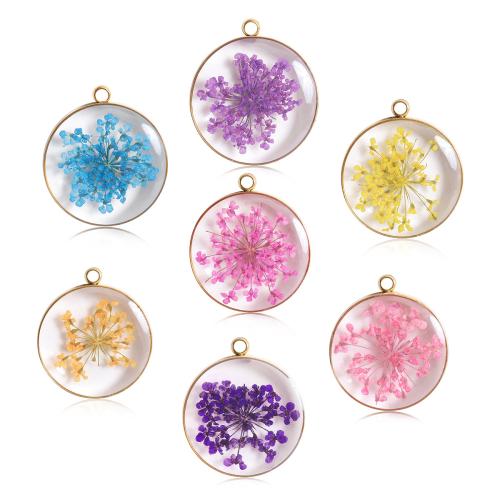 Bijoux de fleurs séchées pressées, Acier inoxydable 304, avec Fleurs séchées & résine, DIY, plus de couleurs à choisir, 30mm, Vendu par PC