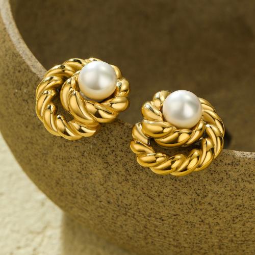 Roestvrij staal Stud Earrings, 304 roestvrij staal, met Plastic Pearl, 18K verguld, mode sieraden & voor vrouw, gouden, 22x24mm, Verkocht door pair