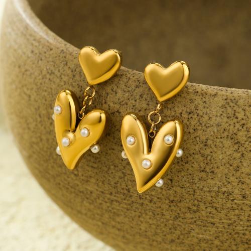 Stainless Steel Drop Earring 304 Stainless Steel with Plastic Pearl Heart 18K gold plated fashion jewelry & for woman golden Sold By Pair