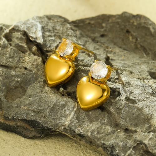 Roestvrij staal Stud Earrings, 304 roestvrij staal, Hart, 18K verguld, mode sieraden & micro pave zirconia & voor vrouw, gouden, 12.50x17.30mm, Verkocht door pair