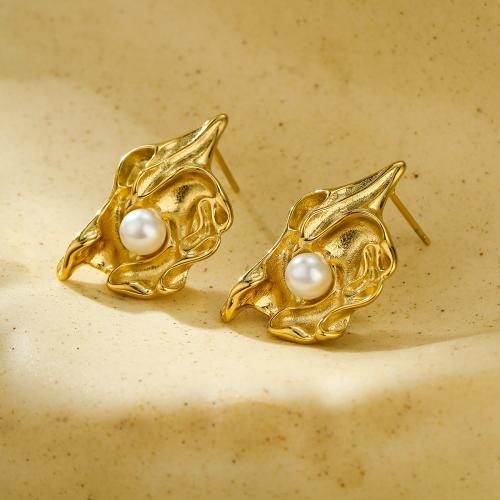 Stainless Steel Stud Earrings 304 Stainless Steel with Plastic Pearl 18K gold plated fashion jewelry & for woman golden Sold By Pair