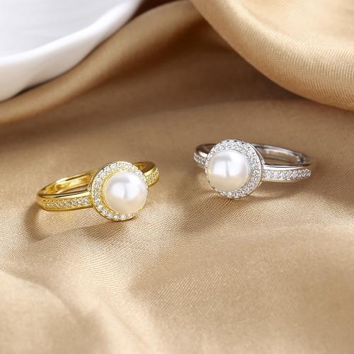 Kubieke Circonia Micro Pave Brass Ring, Messing, met Plastic Pearl, mode sieraden & micro pave zirconia & voor vrouw, meer kleuren voor de keuze, Verkocht door PC