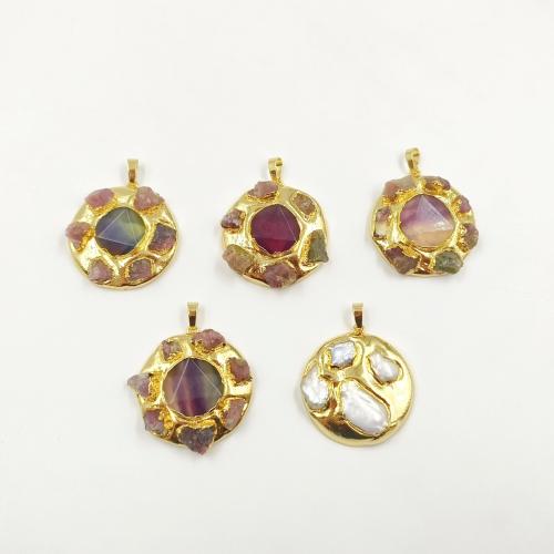 Brass Jewelry Pendants with Natural Fluorite & Freshwater Pearl gold color plated DIY nickel lead & cadmium free 35.65mm Sold By PC