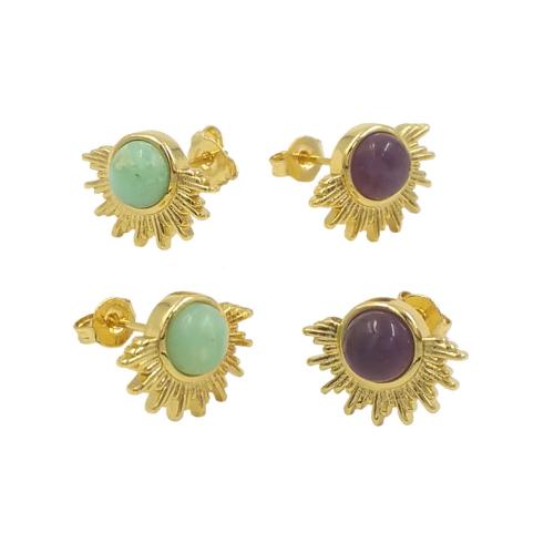 Brass Stud Earring with Gemstone Sun gold color plated fashion jewelry & for woman nickel lead & cadmium free Sold By Pair