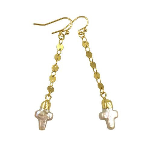 Pendientes de Gota en Latón, metal, con Perlas cultivadas de agua dulce, Cruces, chapado en color dorado, Joyería & para mujer, libre de níquel, plomo & cadmio, Vendido por Par