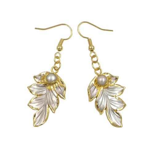 Pendientes de Gota en Latón, metal, con Nácar & Perlas cultivadas de agua dulce, Hoja, chapado en color dorado, Joyería & para mujer, libre de níquel, plomo & cadmio, 20x57mm, Vendido por Par