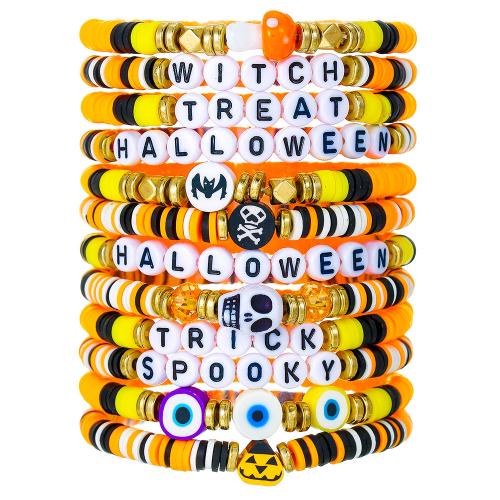 Halloween Bracelet Polymer Clay with Elastic Thread & Brass & Acrylic handmade Halloween Design & 12 pieces & for woman mixed colors Length 7.09-7.48 Inch Sold By Set