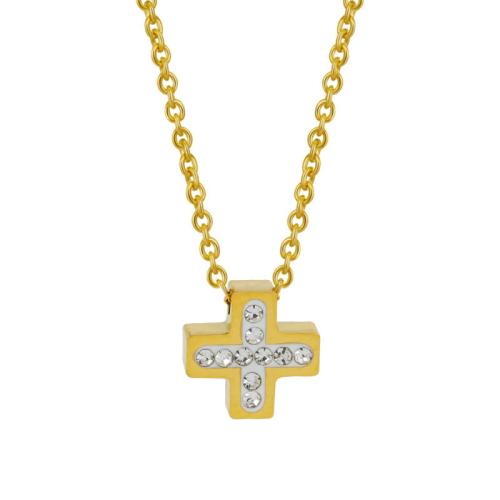 Colar de aço titânio, Partículas de aço, with 4CM extender chain, Cruz, banhado, micro pavimento em zircônia cúbica & para mulher, dourado, comprimento Aprox 40.5 cm, vendido por PC