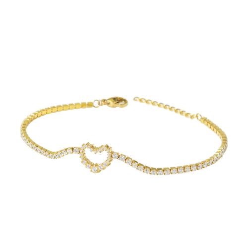 Pulseira de aço titânio, Partículas de aço, with 3CM extender chain, Coração, banhado, micro pavimento em zircônia cúbica & para mulher, dourado, comprimento Aprox 18 cm, vendido por PC