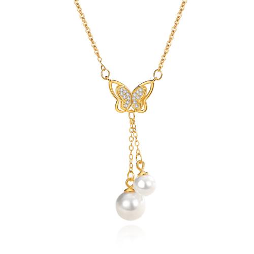 Cubic Zircon Micro Pave 925 Sterling Silver Necklace with Plastic Pearl with 5CM extender chain Butterfly micro pave cubic zirconia & for woman Length Approx 40 cm Sold By PC