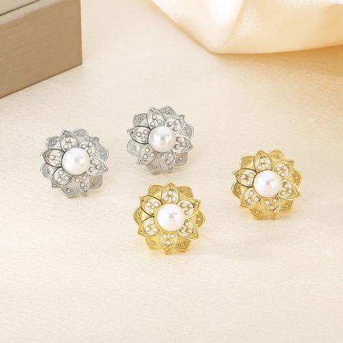 Stainless Steel Stud Earrings 304 Stainless Steel with Shell Flower Vacuum Ion Plating for woman Sold By Pair