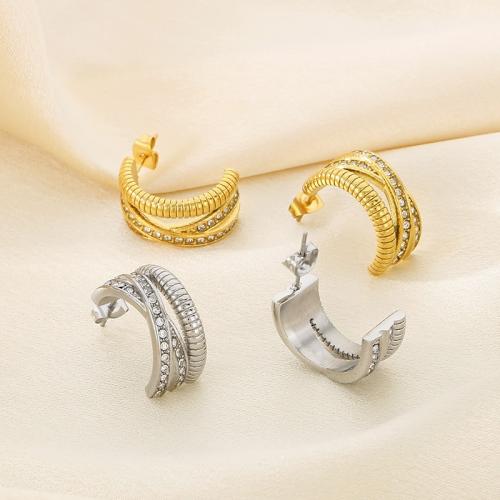 Stainless Steel Stud Earrings 304 Stainless Steel Vacuum Ion Plating for woman & with rhinestone Sold By Pair