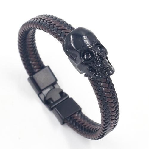 PU Leather Bracelet with Zinc Alloy Skull punk style & braided & for man black Length Approx 21-21.5 cm Sold By PC