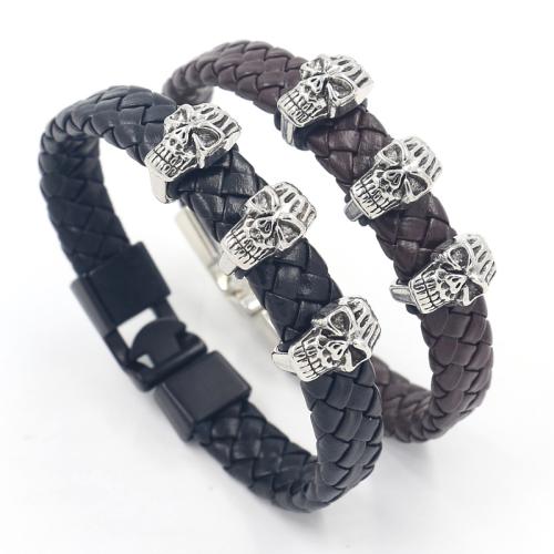 PU Leather Bracelet with Zinc Alloy Skull punk style & braided & for man Sold By PC